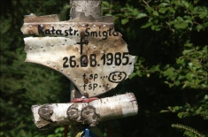 Tabliczka z fragmentu śmigłowca na krzyżu upamiętniającym tragiczną katastrofę.  (foto tedd55 - sierpień 2008)
